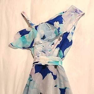 Calvin Klein one shoulder blue floral maxi dress